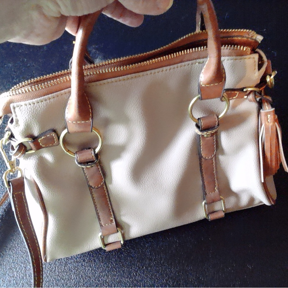 NWOT..Tan and Gold Structured Satchel with Decorative Tassels